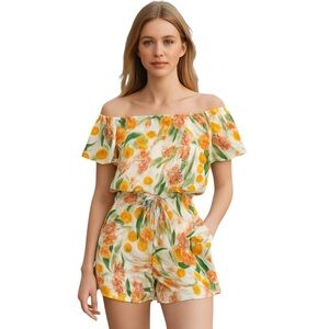 Shore Brand 100% Cotton Lemon Tree Citrus Print Strapless Romper Size Small